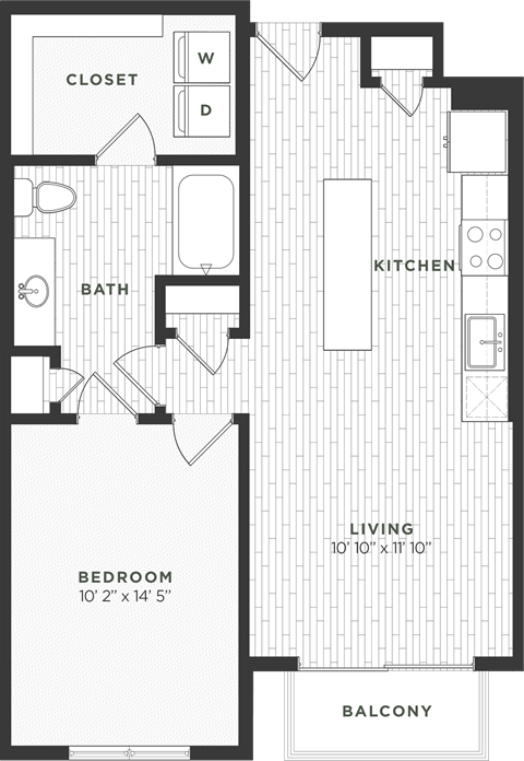 Floor plan for 1 bed, 1 bath, 743 sqft
